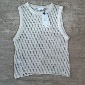 MNG Mango Linen Blend Open Knit Tank Medium NWT Boho Coastal Sheer Cream Top